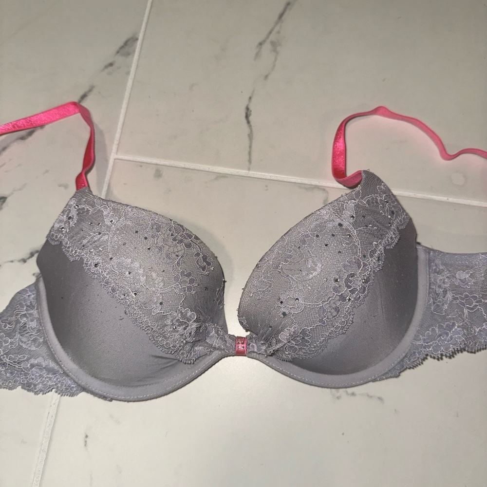 Victoria's Secret Push Up Bra - 34B gray pink lace trim